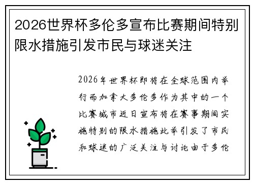 2026世界杯多伦多宣布比赛期间特别限水措施引发市民与球迷关注