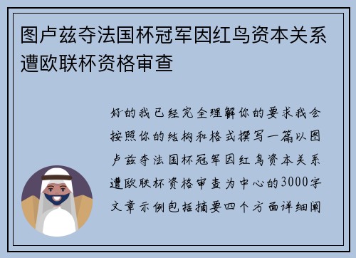 图卢兹夺法国杯冠军因红鸟资本关系遭欧联杯资格审查